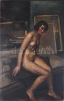 Jelzés nélkül, XX. sz. első fele: Akt a műteremben. Olaj, vászon. Restaurált. Dublírozott. 110x70 cm. KIZÁRÓLAG SZEMÉLYES ÁTVÉTEL, NEM POSTÁZZUK! / ONLY PERSONAL COLLECTION AT OUR OFFICE!