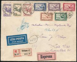 1929 Expressz ajánlott légi levél Kölnbe 8 különböző Repülő bélyeggel bérmentesítve