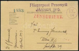 1915 Jó állapotú tábori lap "Fliegerpost Przemysl" Bécsbe
