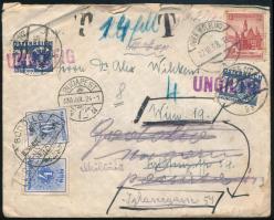 1938 Levél Ausztriából Deutsches Reich bélyeggel bérmentesítve, érvénytelenített osztrák és magyar portóval visszaküldve. 3 ország bélyegei 1 borítékon, ritka és érdekes darab!!