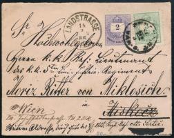 1886 Dekoratív levél 2kr + 3kr bérmentesítéssel "BUDAPEST VÁR B." - Miskolc, továbbküldve Bécsbe