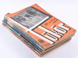 1936-1939 Tükör. Képes havi folyóirat 12 db szórvány száma. Felelős szerkesztő: Révay József . Franklin-Társulat (ny.) A Tükör képes folyóirat a Franklin-Társulat reprezentatív családi lapja, irodalmi, színházi és ismeretterjesztő tartalommal, szerkesztősége a ,,Tükör" folyóiratot a nagy múltú képes családi hetilap, a Vasárnapi Ujság modernizált változatának szánta. A képes folyóirat 1933 novemberétől 1942 decemberéig jelent meg. . Fűzve, színes, illusztrált, kiadói borítóban.