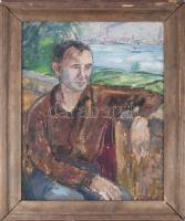 Antal Irén (1903-1999): Férfi portré, háttérben a Duna. Olaj, vászon, jelezve jobbra lent. Sérült. Dekoratív, sérült fakeretben. 72×56 cm