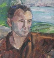 Antal Irén (1903-1999): Férfi portré, háttérben a Duna. Olaj, vászon, jelezve jobbra lent. Sérült. D...