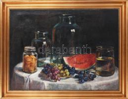 J. Fehér Kató (1897-): Dinnyés csendélet. Olaj, vászon, jelzett. Proveniencia: Saphier-gyűjtemény. Dekoratív, kissé sérült fakeretben. 60x80 cm