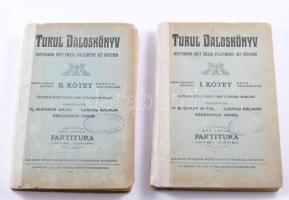 Buchner Antal (szerk.), Luspay Kálmán (szerk.), Régenhold János (szerk.) Turul daloskönyv I?II. kötet Vegyeskarra írott énekek gyűjteménye két kötetben. Negyvenhat szerző száz vegyeskara. Középiskolák részére kézikönyv gyanánt és énekkarok használatára. Eger, 1921?1928. Egri Nyomda Részvénytársaság. [12] + 123 + [1] p.; [10] + 160 p. Egyetlen kiadás. Kiadói kartonált papírkötésben, ragasztott gerinccel.