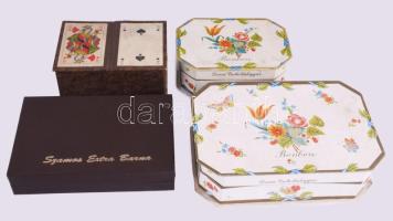 4 darab régi karton doboz, közte kártyatartó díszítésű bonbonos doboz.