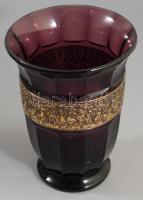 cca 1930 Walther and Sohne art deco ametisztüveg váza, körbefutó aranyozott frízzel, jelzett, hibátlan (minimális aranykopással), d: 12,5 cm, m: 16,5 cm