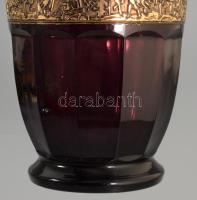 cca 1930 Walther and Sohne art deco ametisztüveg váza, körbefutó aranyozott frízzel, jelzett, hibátl...