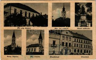 Dombóvár, Állami polgári fiúiskola, római katolikus templom, Hősök emlékműve, evangélikus templom, református templom, gimnázium (Rb)