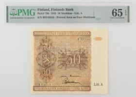 Finnország 1945. 50M "B 9249534" levágott PMG tanúsítvánnyal T:AU Finland 1945. 50 Markkaa "B 9249534" with cutted PMG certificate C:AU