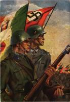 Deutsch-Italienische Waffenbrüderschaft / Fraternitá d'Armi Italo-Tedesca / olasz-német katonai testvériség, náci propaganda, svasztika / Italian-German Brotherhood in Army, Nazi military propaganda art postcard, swastika flag (EB)