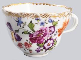 Meissen antik kézzel festett teás csésze, aljjal, jelzett, aranyozáson kopással, kardos jelzés, d: 1...