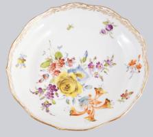 Meissen antik kézzel festett teás csésze, aljjal, jelzett, aranyozáson kopással, kardos jelzés, d: 1...