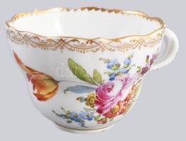 Meissen antik kézzel festett teás csésze, aljjal, jelzett, aranyozáson kopással, kardos jelzés, d: 1...