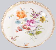 Meissen antik kézzel festett teás csésze, aljjal, jelzett, aranyozáson kopással, kardos jelzés, d: 1...