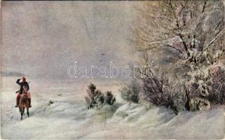 Futár az orosz hadszíntéren magas hóban. Világháború 1914-1916 / Melde-Reiter in tiefem Schnee am russischen Kriegsschauplatz. Weltkrieg 1914-1916 / WWI Austro-Hungarian K.u.K. military, messenger in deep snow (EK)