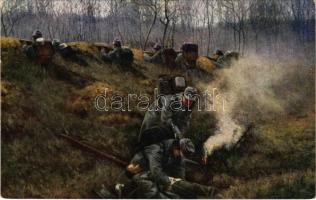 Osztrák-magyar katonaság a rudniki csatában. Világháború 1914-1915 / Weltkrieg 1914-1915. Österr.-ung. Militär im Gefecht bei Rudnik / WWI Austro-Hungarian K.u.K. military, Battle near Rudník, injured soldier (EK)