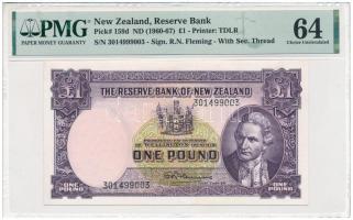 Új-Zéland DN (1960-1967.) 1P "301499003" eredeti PMG tokban T:UNC (64 Choice Uncirculated) New Zealand ND (1960-1967.) 1 Pound "301499003" in original PMG case C:UNC (64 Choice Uncirculated) Krause P#159d