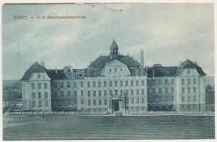 1917 Bielsko-Biala, Bielitz; K. k. Staatsgewerbeschule / trade school (wet damage)
