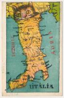 Italia / Italy, map of the Italian Peninsula with cat (ázott / wet damage)