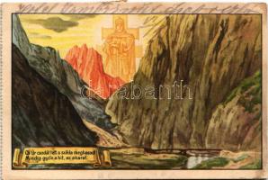 1938 Tordai-hasadék, Cheile Turzii, Torda, Turda; "Az Úr csodát tett, a szikla meghasadt, mindig győz a hit, az akarat." Kiadja a Székely Egyetemi és Főiskolai Hallgatók Egyesülete / Hungarian irredenta art postcard s: Gebhardt (fl)