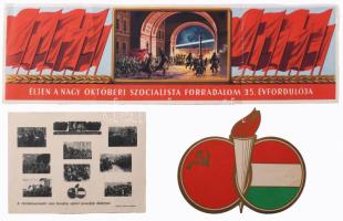 Éljen a Nagy Októberi Szocialista Forradalom 35. évfordulója, 2 darabból álló plakát-nyomtatvány tétel, 13,5x45 és13,5×17,5 cm és a hozzátartozó vitrintárgy nyomtatvány. Egészen apró sérülésekkel. Hajtásnyommal.