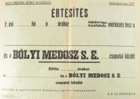 1965 Bólyi MEDOSZ S. E. labdarúgó-kézilabda plakát, papír, Pécsi Szikra Ny. mohácsi t., hajtásnyommal, 42×59 cm.