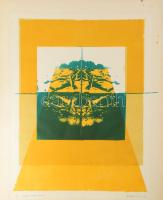 Wagner János (1936-2022): Nyár, 1976. Vegyes technika (sokszorosított grafika), papír, jelezve jobbra lent: Wagner János 76, balra lent: Nyár (vegyes technika). Párdarabja reprodukálva: Wehner Tibor: Wagner János. Bp., 2020, Virtual Market Kft, 14. oldal. 61,5×51,5 cm.