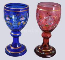 2 darab anyagában színezett üvegkehely, kis pattanással az egyiken, m: 21 cm