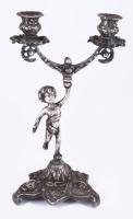 Antik ón puttó figurás kétágú gyertyatartó, m: 29 cm