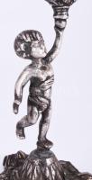 Antik ón puttó figurás kétágú gyertyatartó, m: 29 cm