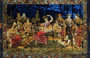 Mulatozó társaság, faliszőnyeg, kis hibával, 180x120