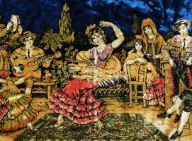 Mulatozó társaság, faliszőnyeg, kis hibával, 180x120