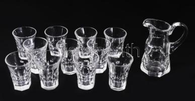 cca 1910-1930 10 személyes csiszolt kristály röviditalos garnitúra, kiöntővel, m: 5-10 cm