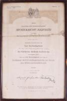 Osztrák-Magyar Monarchia 1916. "Bronz Katonai Érdemérem a katonai érdemkereszt szalagján, kardokkal" kitüntetés adományozói okirata a Császári és Királyi 6. sz. vonatszázad katonája számára, szárazbélyegzővel, Alexander Freiherr von Krobatin hadügyminiszter nyomtatott aláírásával. üvegezett keretben. / Austro-Hungarian Monarchy 1916. "Bronze Military Merit Medal on the ribbon of the Military Merit Cross, with swords" award certificate with dry stamp, signed by the Minister of War Alexander Freiherr von Krobatin. Minor stains, creases, but basically good condition paper, folded three times.