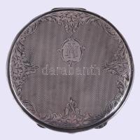 Ezüst (Ag) pudrié, Jelzett, monogramos, fém betéttel. Nettó 36 g d: 8 cm