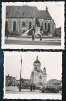 cca 1930-1940 Kolozsvár, a Szent Mihály-templom Mátyás király szobrával + az Istenszülő elszenderedése ortodox katedrális, 2 db fotó, 6,5x8 cm