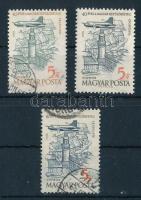 1958 40 éves a magyar repülőbélyeg 5Ft az egyik színeltéréssel + a másikon nyitott P betű a SOPRON feliratban + támpéldány