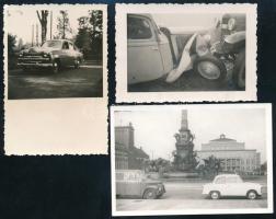 3 db régi autókat ábrázoló fotó, az egyiken balesetről készült felvétel, 6x8 cm és 6,5x9,5 cm között