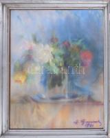 Szentgyörgyvári Gyenes Lajos, (1890-1971): Virágok, 1941. Pasztell, papír, jelzett. Hátoldalán korabeli töredékes Műcsarnok, Bp. kiállítási raglappal. 60×50 cm. Üvegezett, sérült fakeretben.