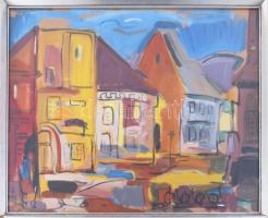 Jelzés nélkül: Utcarészlet. Olaj, papír. 50×63 cm. Üvegezett, kissé sérült fakeretben.