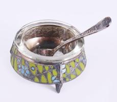 Orosz üveg fűszerkínáló, kanállal, dobozában, d: 8 cm