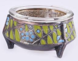 Orosz üveg fűszerkínáló, kanállal, dobozában, d: 8 cm