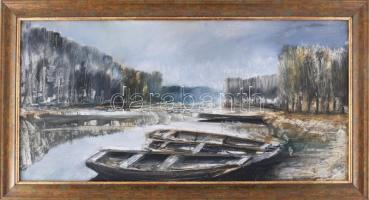 Erdélyi Tibor (1961-): Holt Tisza. Olaj, farost. Jelzett. Hátoldalán autográf felirattal. Fakeretben, 29,5×59,5 cm