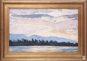 Arató István (1922-2010): Este a Duna felett. Olaj, farost, jelzett, hátoldalán autográf felirattal és Solart címkéjével. Dekoratív, kissé kopott fakeretben, 40×60 cm.