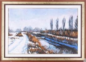 Arató István (1922-2010): "Téli napsütés" (Bezenyei híd télen). Olaj, farost, jelzett, hátoldalán autográf felirattal. Dekoratív, kissé kopott fakeretben, 40×60 cm.