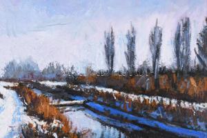 Arató István (1922-2010): "Téli napsütés" (Bezenyei híd télen). Olaj, farost, jelzett, hát...