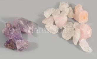 Kis tételnyi nyers ametiszt, rózsakvarc, hegyi kristály
