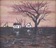 Tóth Rozália (1946-2015): Tanyavilág. Olaj, vegyes technika, farost, jelzett, üvegezett fakeretben, 25×30 cm.